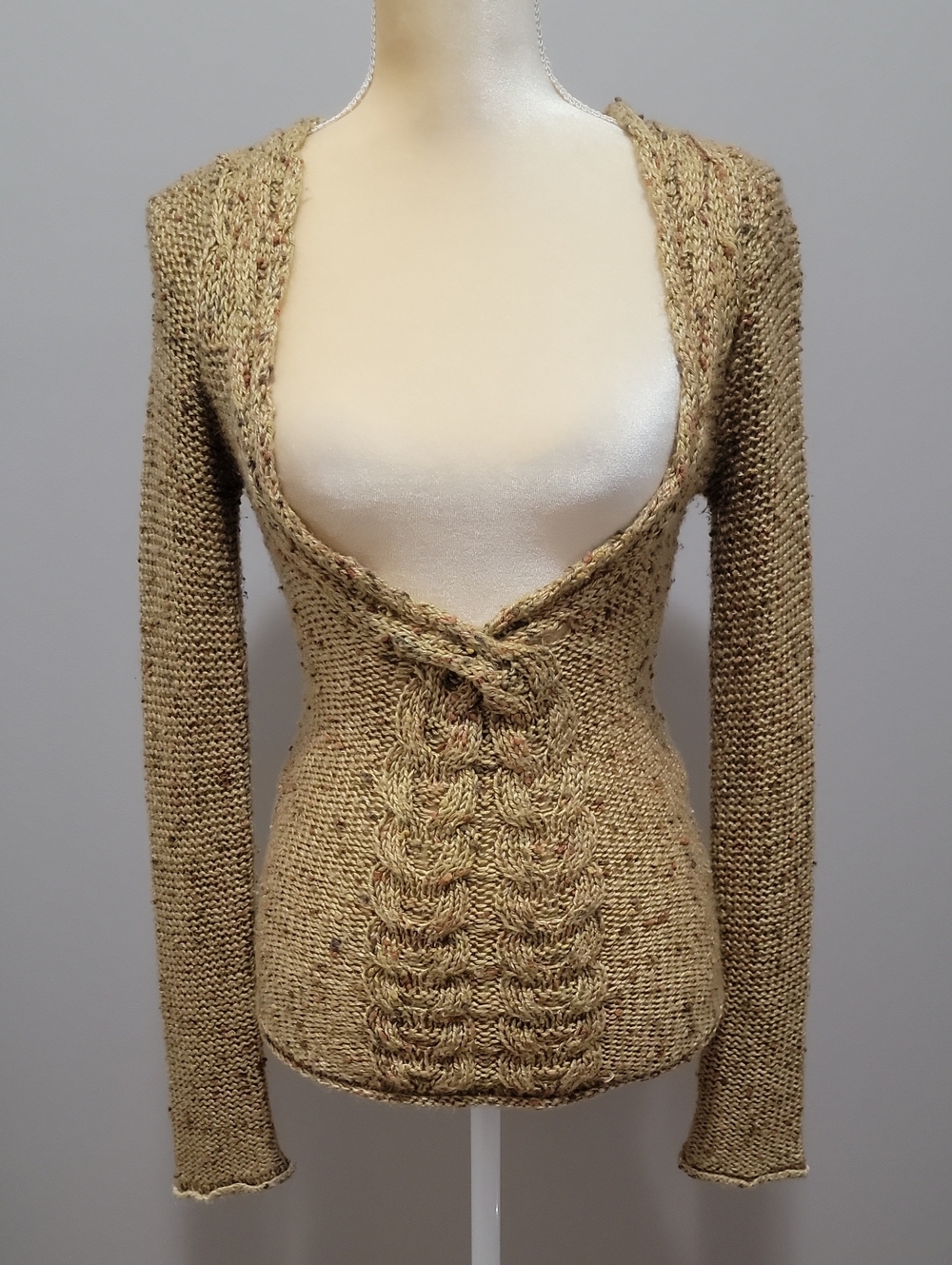 VTG Daytrip Deep Plunging V Neck Twist Cable Knit Sweater S Tan Speckled Y2K